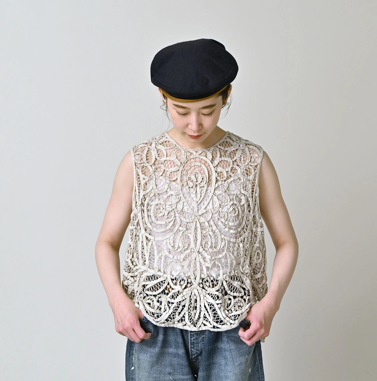 Linen Ribbon Battenberg Embroidery Sleeveless Shirt Female Model
