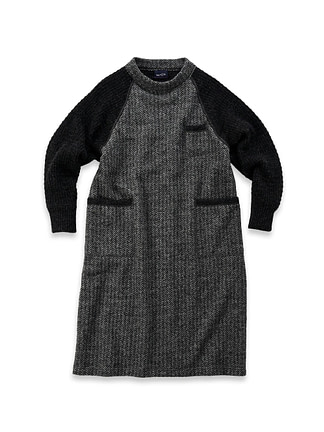 Shetland Wool Tweed Knit Dress Charcoal Herringbone
