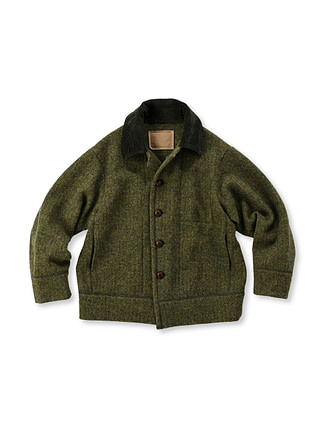 Shetland Tweed Wool Knit 908 Yama Blouson Khaki Herringbone