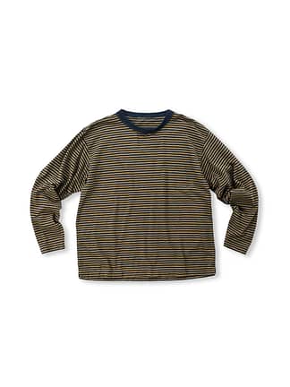 Indigo Stripe Tenjiku Cotton 908 Ocean Long Sleeve T-shirt Dark Indigo x Golden Brown