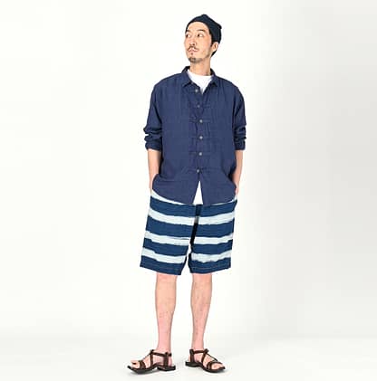 Indigo Dekoboko Tenjiku Cotton Deck Stripe 908 Bull Shorts
