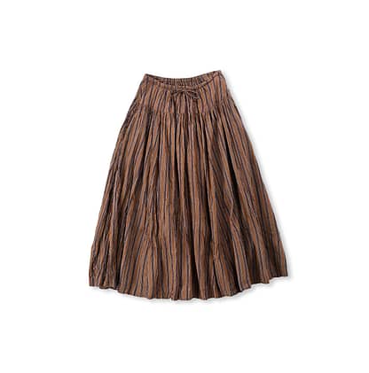 Aki Kaze Khadi Cotton Gather Easy Skirt Brown Stripe