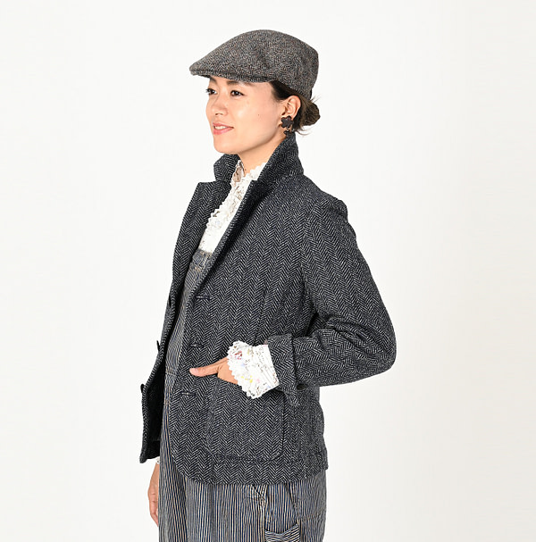 Indigo Cotton Tweed Square Jacket Female Model