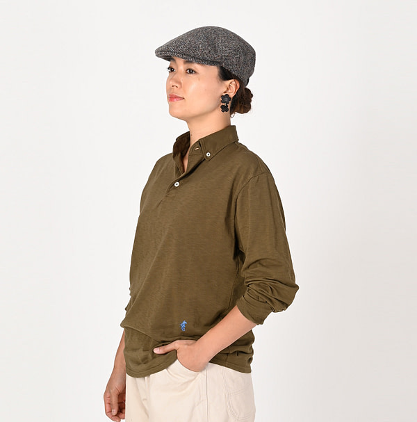 Supima Tenjiku Cotton 908 Loafer Button Down Long Sleeve Polo Shirt Female Model