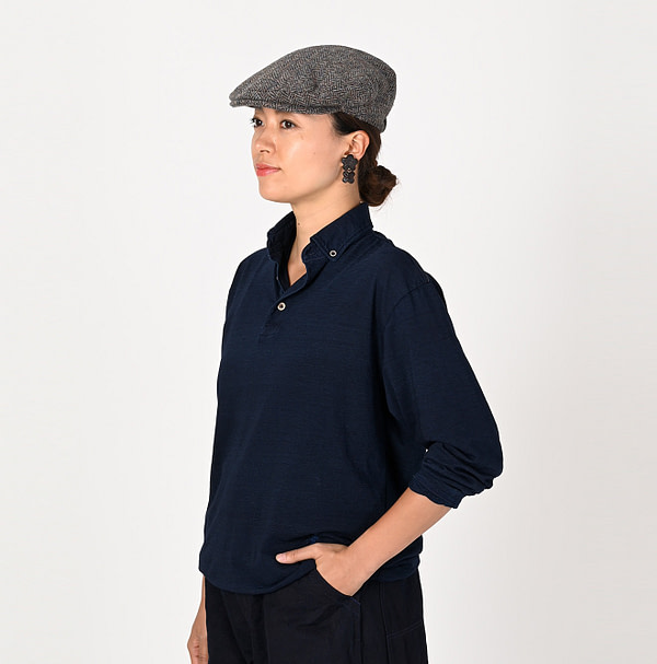Indigo Supima Tenjiku Cotton 908 Loafer Button Down Long Sleeve Polo Shirt Female Model