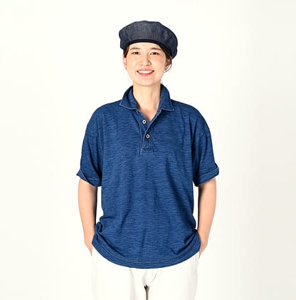 Indigo 908 Tenjiku Cotton Ocean Polo Shirt Female Model