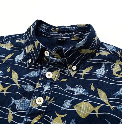 Indigo Zimba Cotton OX Tropical Fish Print 908 Ocean Pull Shirt