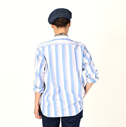 Yarn Dyed Damp Cotton 908 Stand Ocean Shirt Female Model