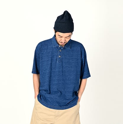 Indigo 908 Tenjiku Cotton Ocean Polo Shirt Male Model
