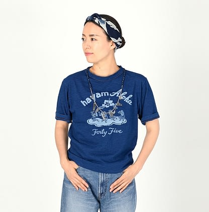 Indigo Dancing Hula Girl 908 45 Star Cotton T-shirt Indigo Summer Blue Detail Female Model
