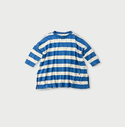Big Stripe Tenjiku Cotton Big Slit T-shirt kinari x blue