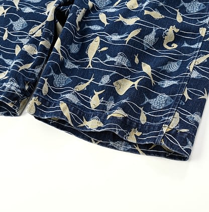 Raimugi Denim Cotton 908 Tropical Fish Print Short Pants